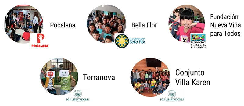 Colección de logotipos y fotografías que representan diversas organizaciones comunitarias e iniciativas de paz.
