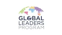 Logotipo del programa de líderes globales que presenta un colorido mapa del mundo.