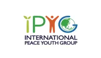 Logotipo del grupo juvenil internacional por la paz que presenta una figura humana estilizada y un globo terráqueo.