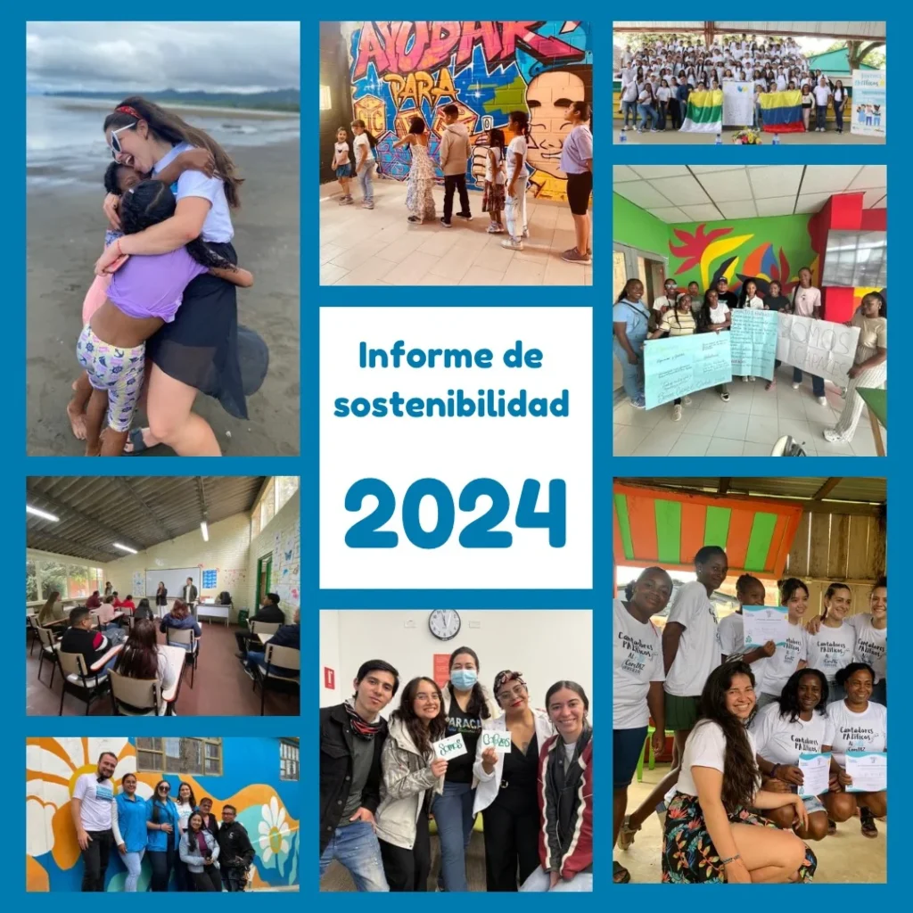 Collage de varias personas vistiendo camisetas de "Voluntariado CaPAZ" y realizando diferentes actividades en torno a un texto central, "Informe de sostenibilidad 2024.